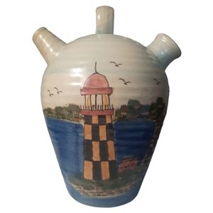 WcL Lighthouse nautical pottery pitcher crock stoneware beautifully painted